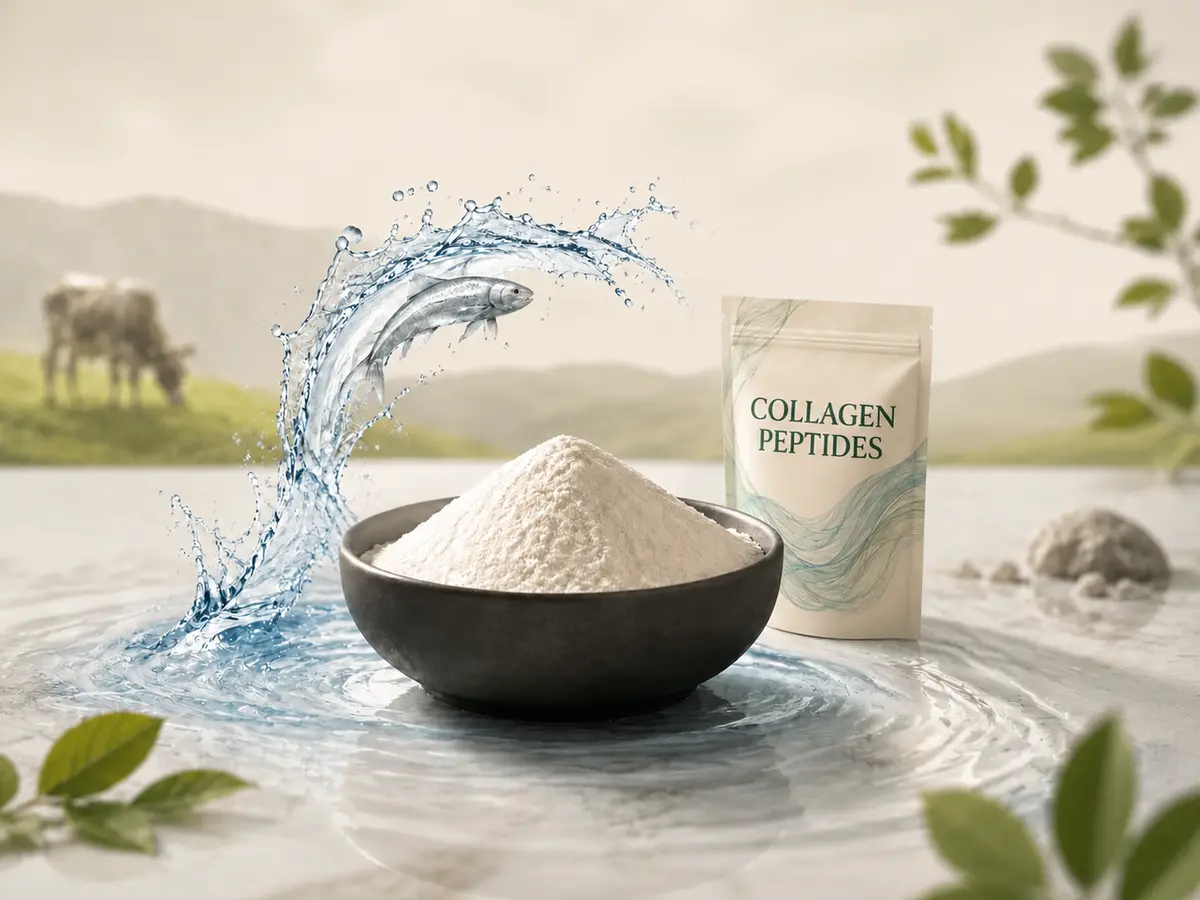 White collagen peptide powder beside a labeled collagen peptide pouch, with a blue water splash, fish and a pasture background