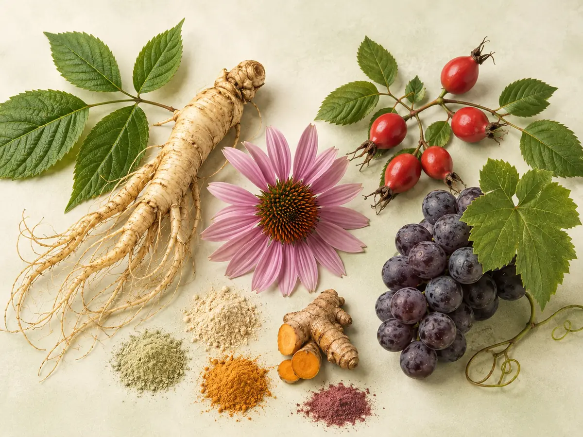 Ginseng root, echinacea flower, rosehips, grapes, turmeric and botanical leaves