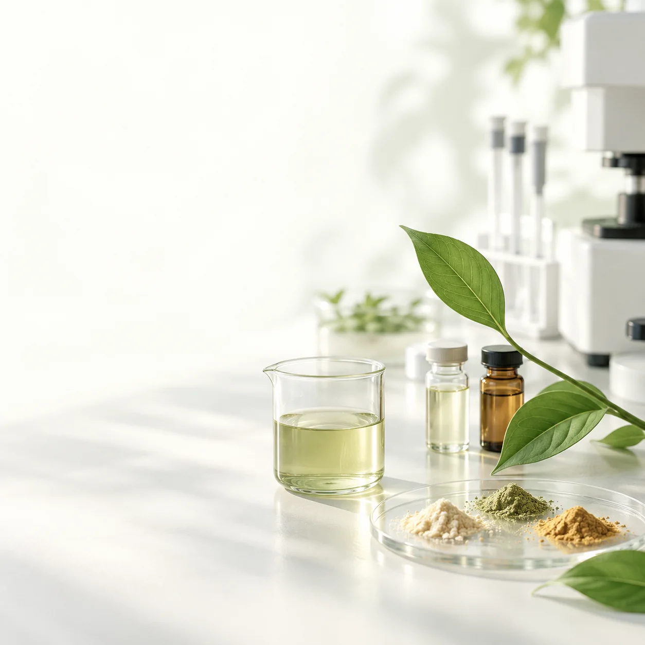 Green leaf, glass beaker and botanical extract powders in a bright laboratory