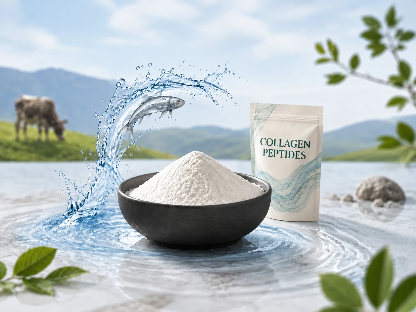 Collagen peptide powder with fish, water and collagen peptide packaging