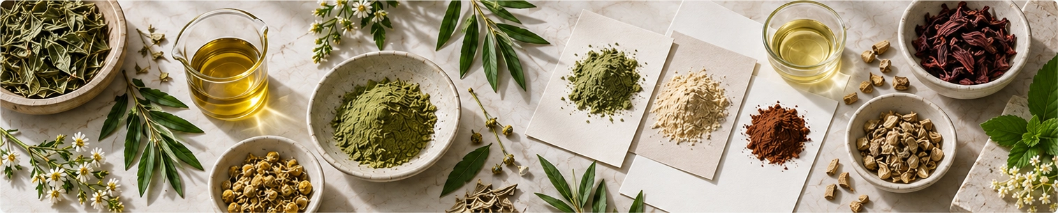 Botanical leaves, powders, oils and sample materials arranged for ingredient development