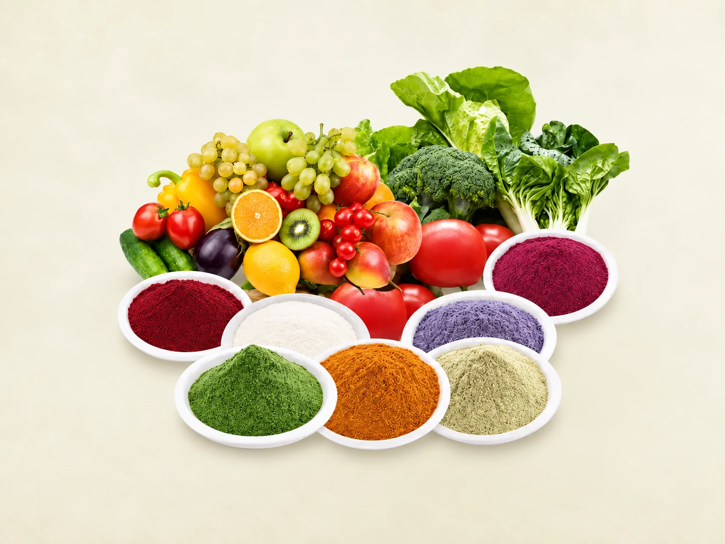Fresh fruit, vegetables and colorful fruit and vegetable powders