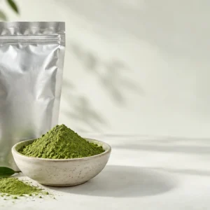 Fine green matcha powder in a ceramic bowl beside a plain foil ingredient pouch