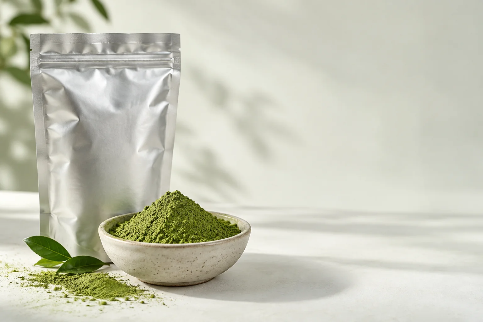 Fine green matcha powder in a ceramic bowl beside a plain foil ingredient pouch