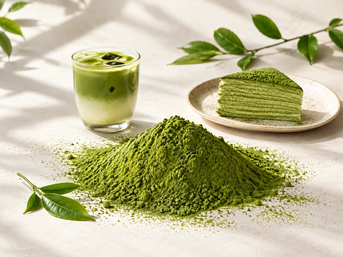 Matcha powder with green tea leaves, stone mill and matcha beverage applications by Ureda Naturals
