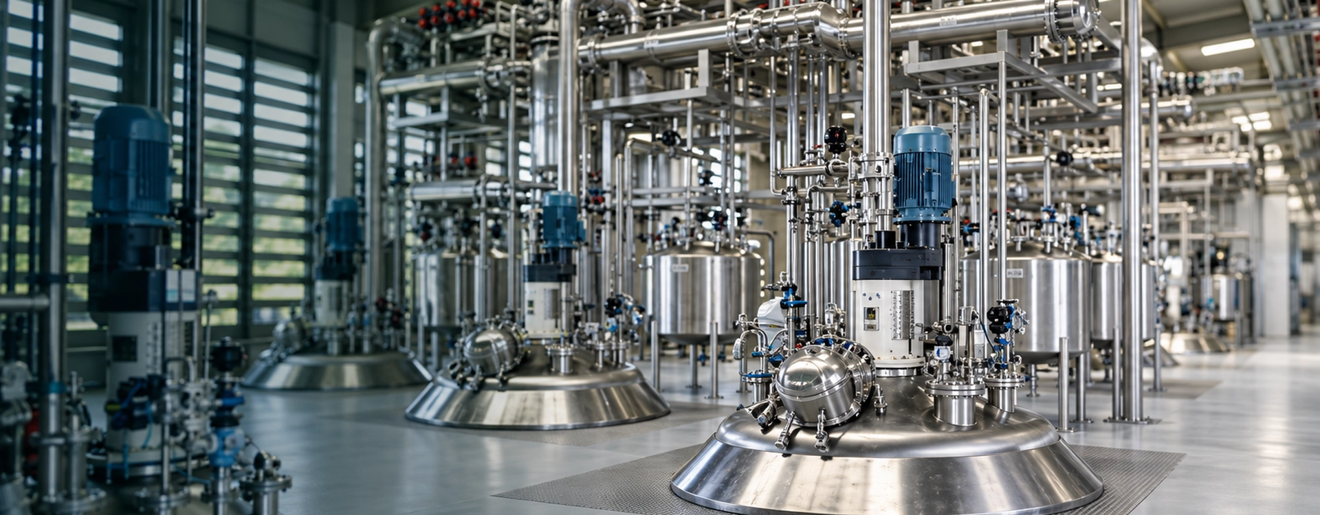 Stainless steel processing equipment in a natural and functional ingredient manufacturing facility