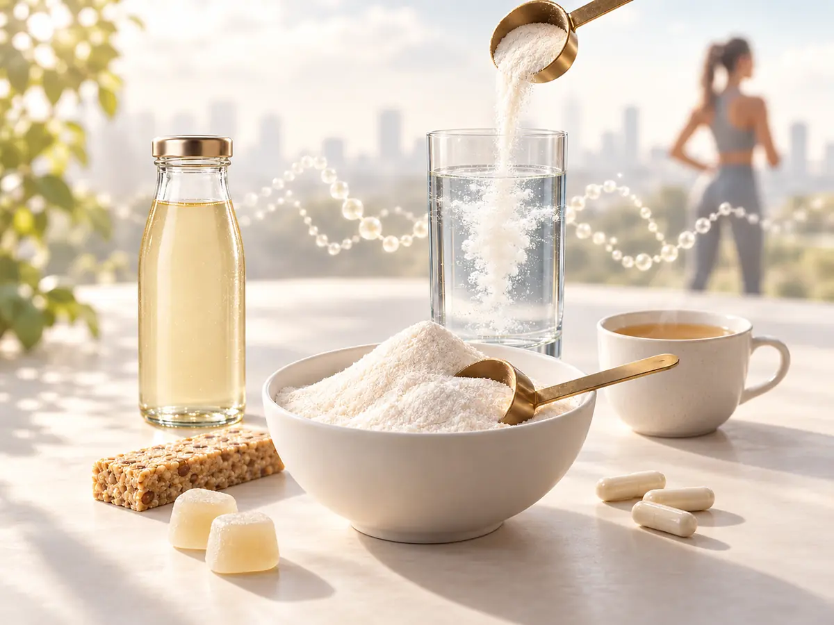 Collagen peptides powder dissolving in water with capsules and beverage formulation by Ureda Naturals