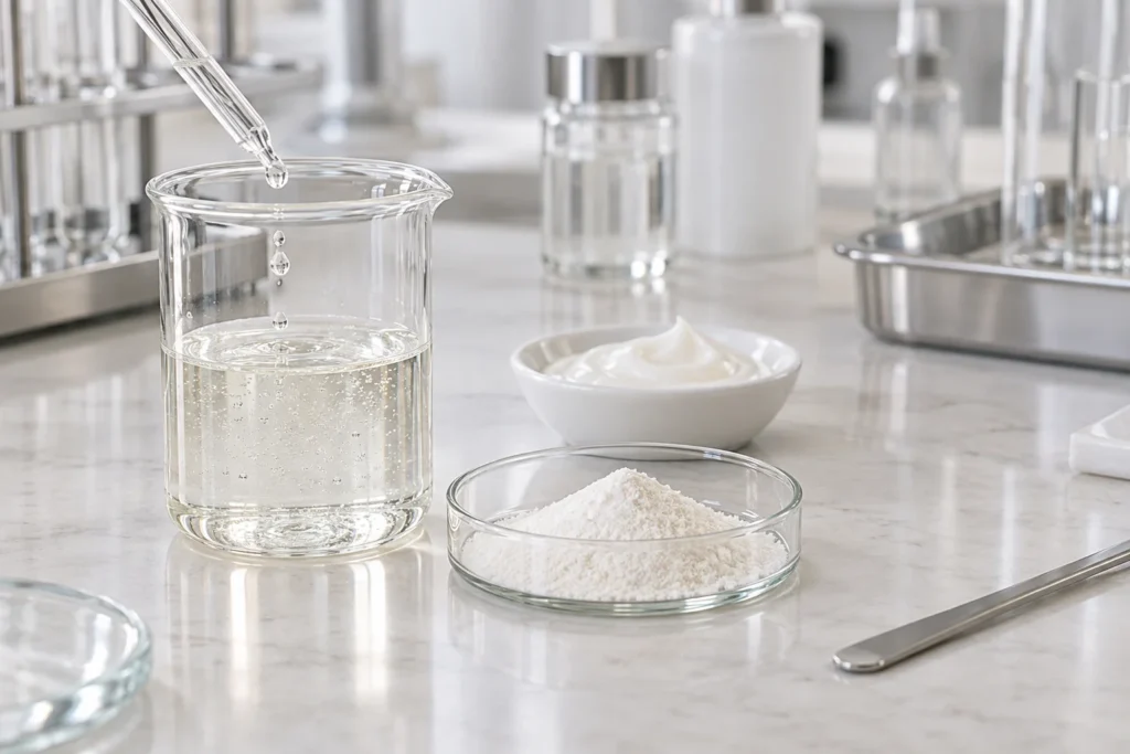 Ergothioneine powder alongside serum and cream formulation vessels