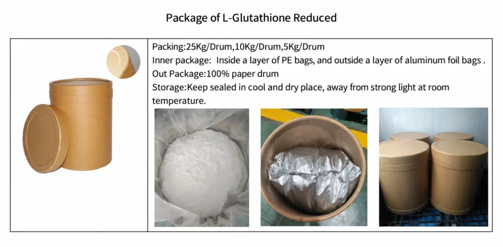 L-Glutathione Reduced powder packed in 25 kg, 10 kg and 5 kg paper drums