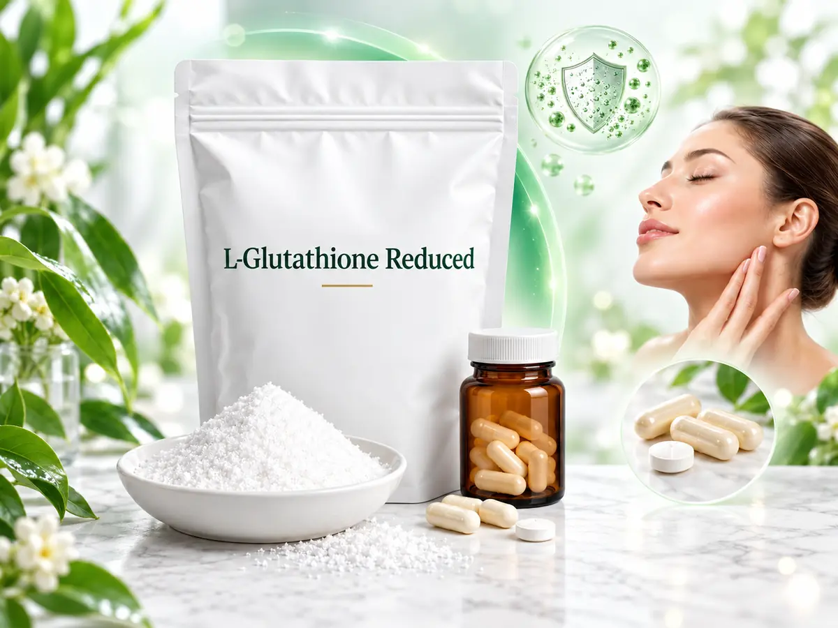 L-Glutathione Reduced white powder, capsules and bulk ingredient pouch in a clean studio setting by Ureda Naturals