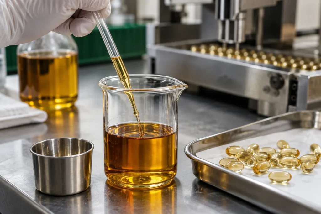 Liquid phosphatidylserine in an MCT carrier being evaluated for softgel filling