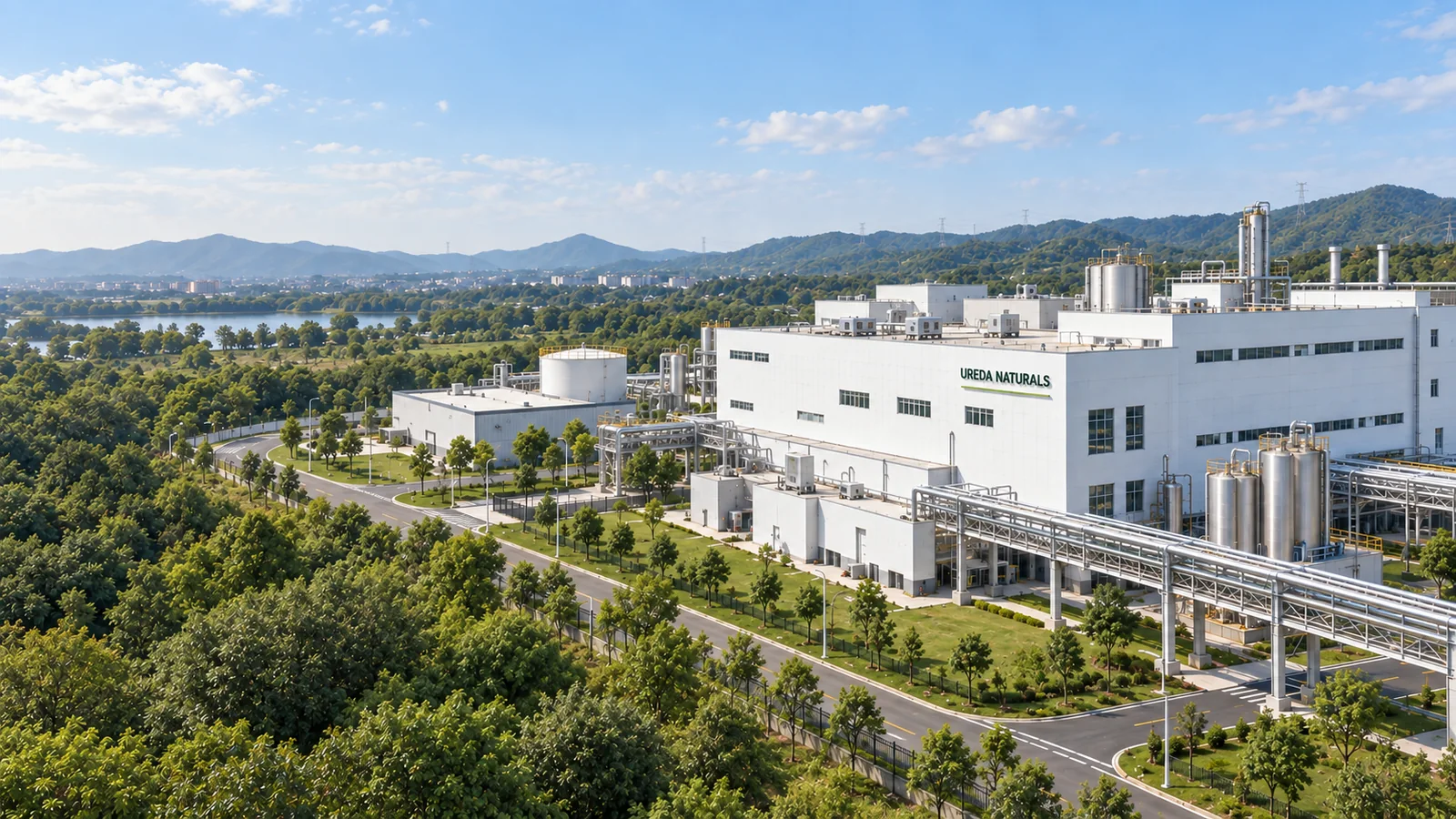 Aerial view of the Ureda Naturals manufacturing facility surrounded by green landscape in Huzhou, China
