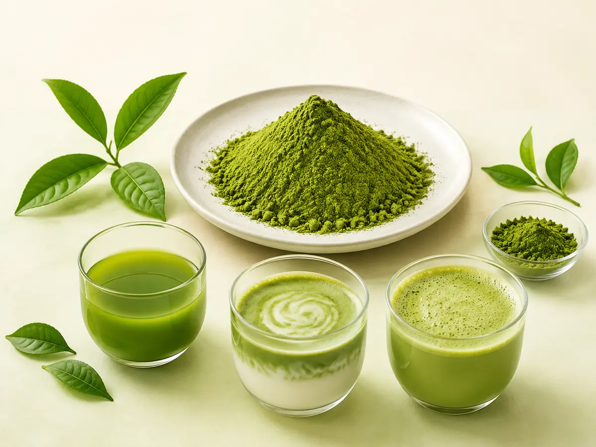 Fresh tea leaves beside fine matcha powder, a matcha beverage and a matcha baked product.