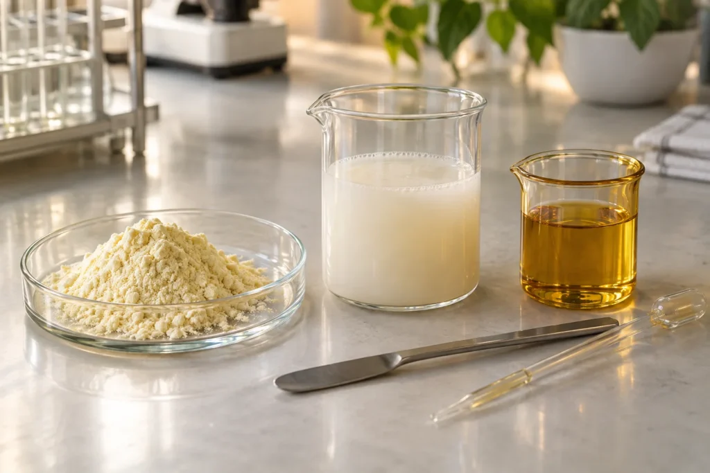 Ureda Naturals phosphatidylserine shown in powder, water-dispersed and liquid forms