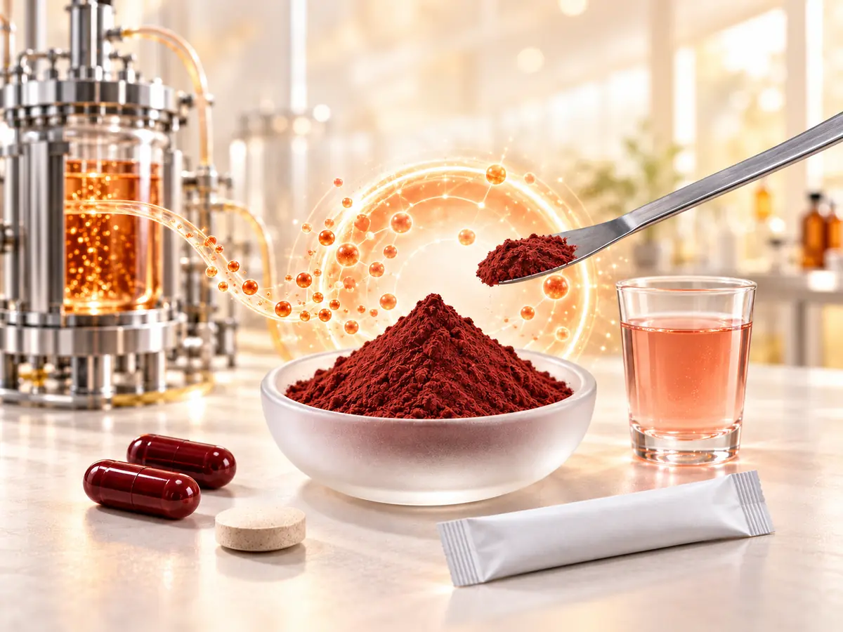 PQQ reddish-brown powder with fermentation biotechnology and capsule formats by Ureda Naturals