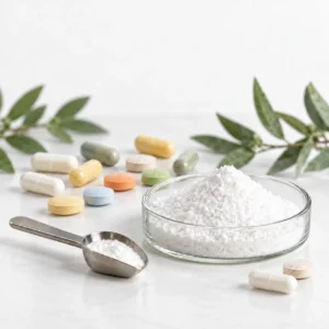 Reduced glutathione powder beside colorful supplement capsules and tablets