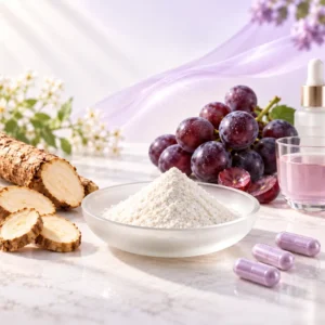 Resveratrol white powder with botanical root, grapes and formulation vessels by Ureda Naturals