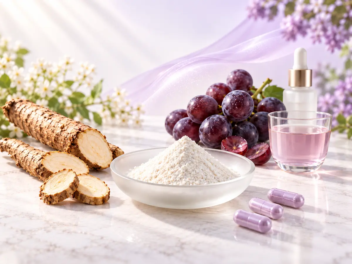 Resveratrol white powder with botanical root, grapes and formulation vessels by Ureda Naturals