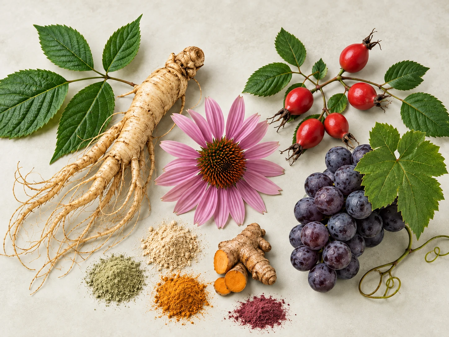 Ginseng root, echinacea, rosehip, grape and botanical powders