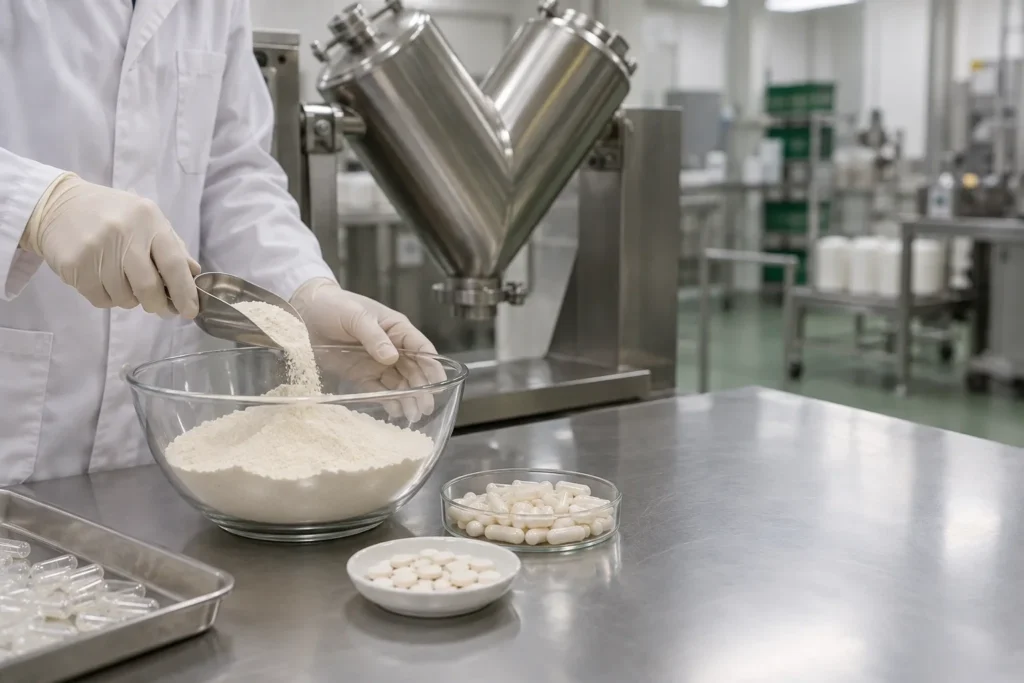 Technician adding Vitamin K2 MK-7 powder to a stainless steel premix blender