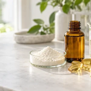 Vitamin K2 MK-7 powder, oil and softgel raw materials in a laboratory