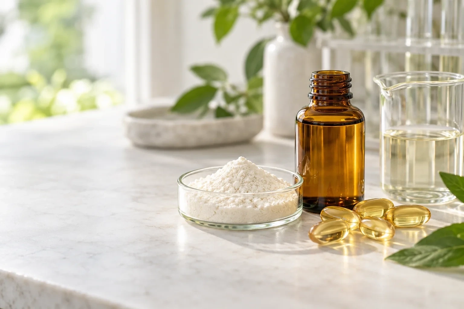 Vitamin K2 MK-7 powder, oil and softgel raw materials in a laboratory