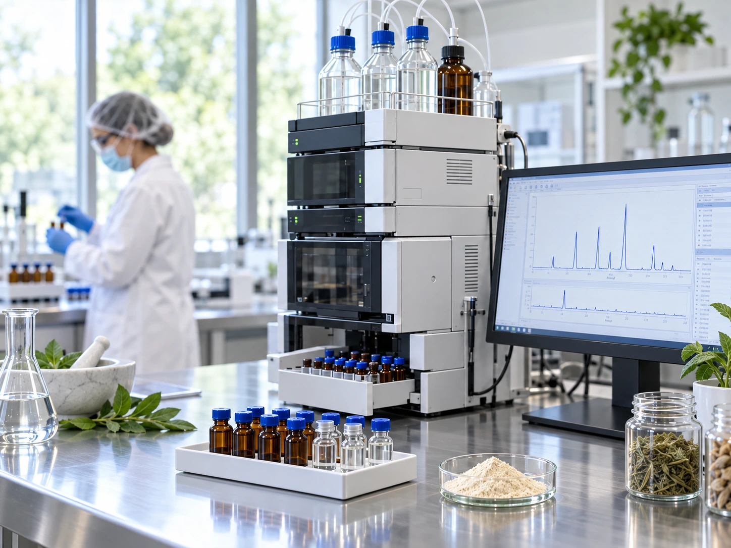 Ureda Naturals quality-control laboratory with analytical testing equipment, sample vials and botanical ingredient powder.