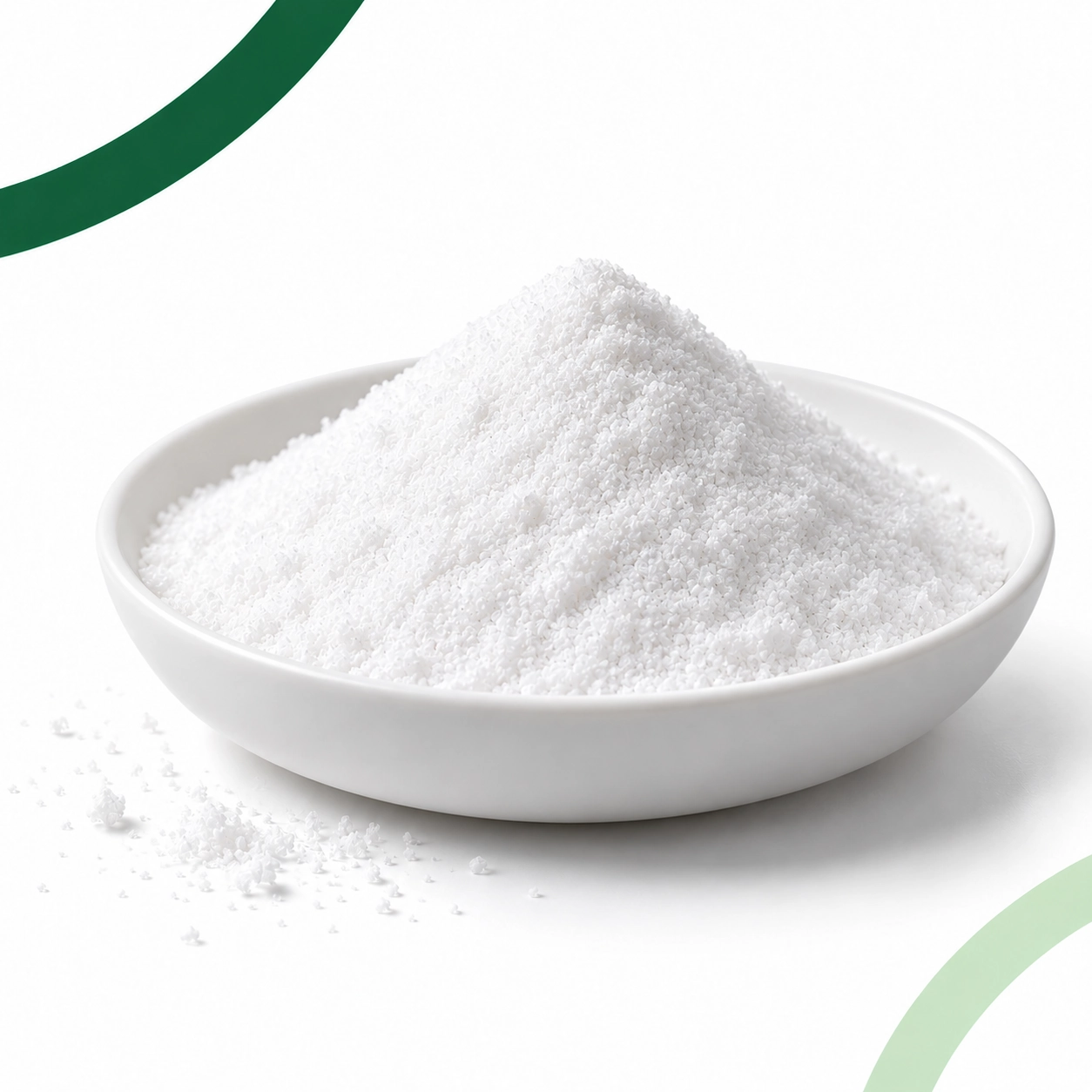 White crystalline HMB-Ca monohydrate in a shallow white dish on a bright studio background