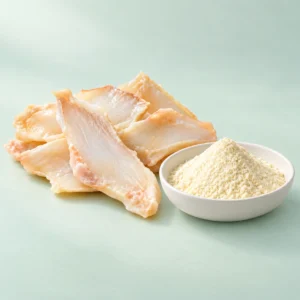 Pale cartilage extract powder beside chicken sternal cartilage slices on a soft mint background