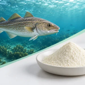 Fine pale powder beside a cod in a blue-green marine scene