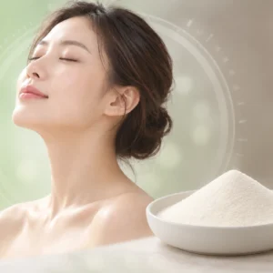collagen tripeptide powder in a white dish beside a serene beauty portrait on a soft sage background.