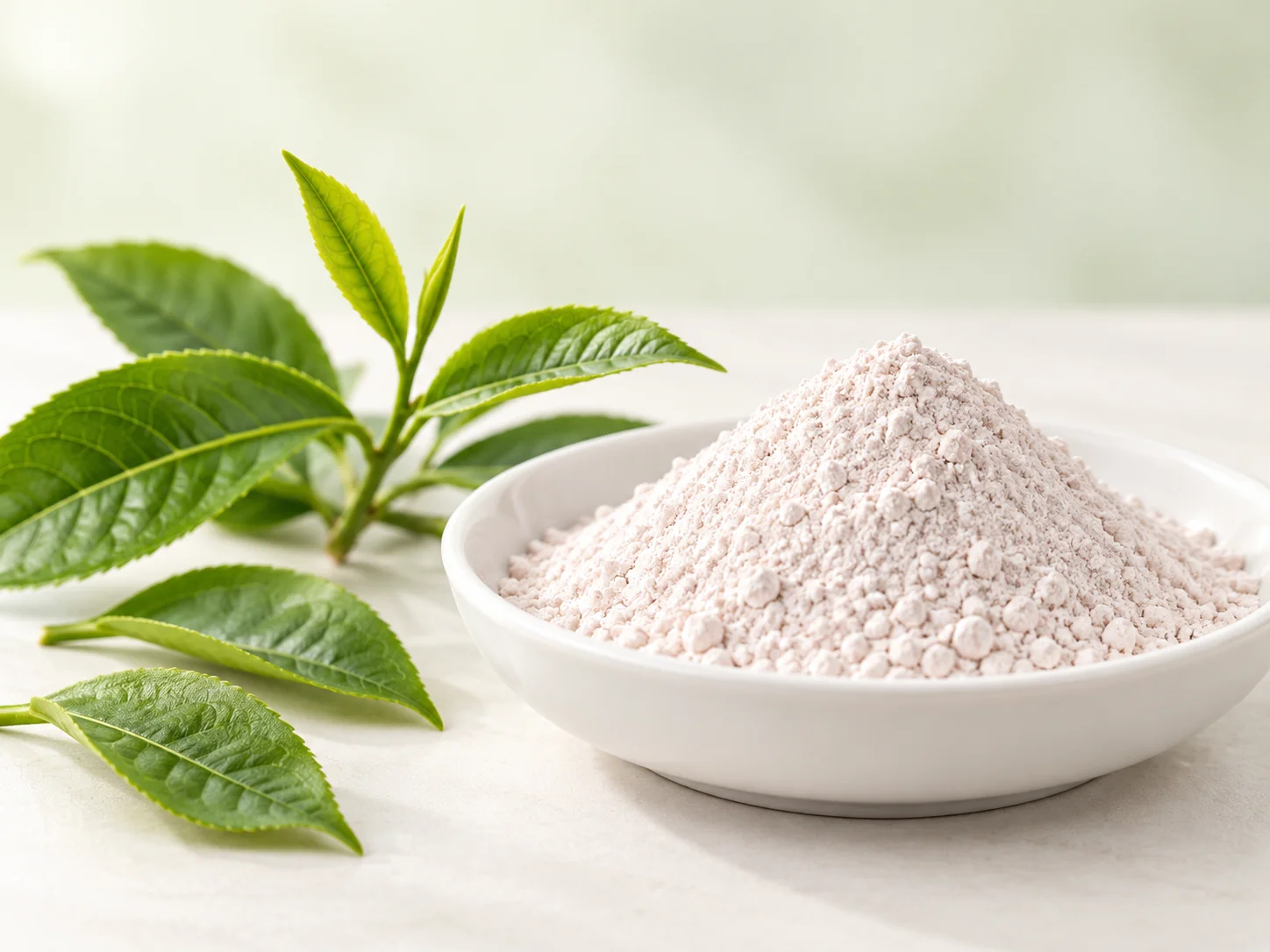 Grayish-white Epigallocatechin Gallate powder beside fresh green tea leaves