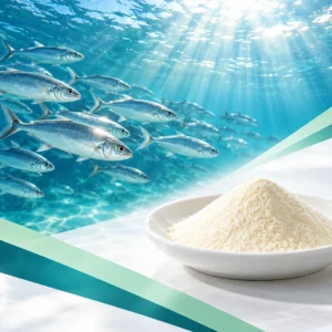 A shoal of fish swimming underwater beside pale fish collagen peptide powder in a white dish