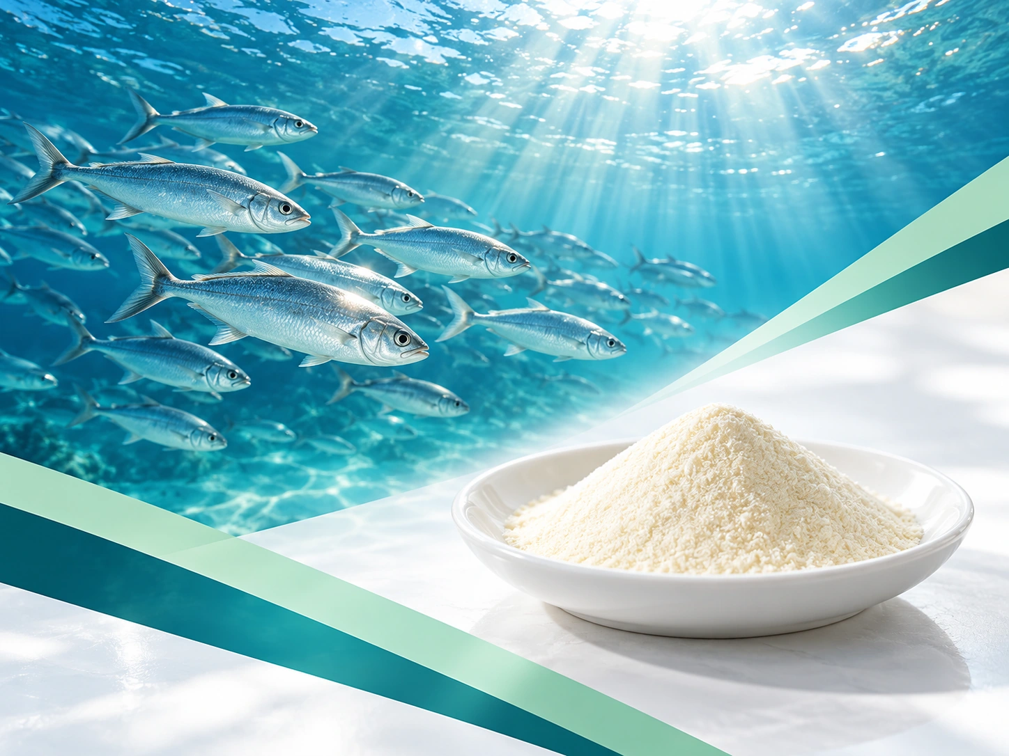 A shoal of fish swimming underwater beside pale fish collagen peptide powder in a white dish