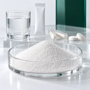 Fine white GABA granules with clear beverage, stick pack, capsules and tablets