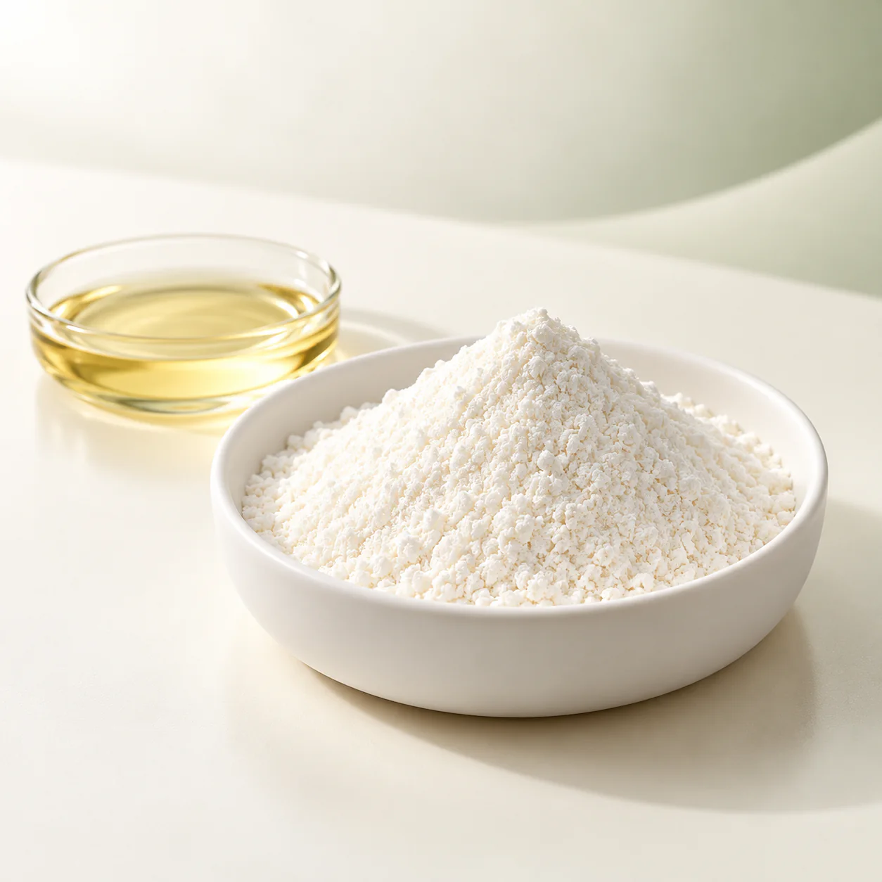 White Gamma Oryzanol powder in a ceramic dish beside pale golden formulation oil