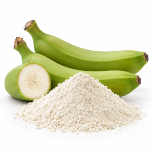 Off-white green banana powder beside whole and sliced unripe green bananas on a white background.