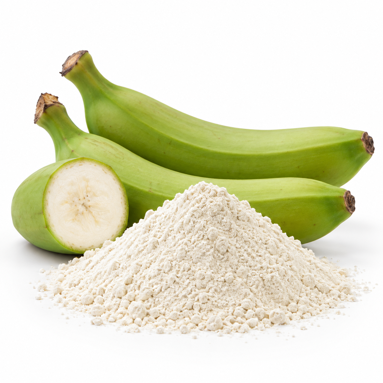 Off-white green banana powder beside whole and sliced unripe green bananas on a white background.