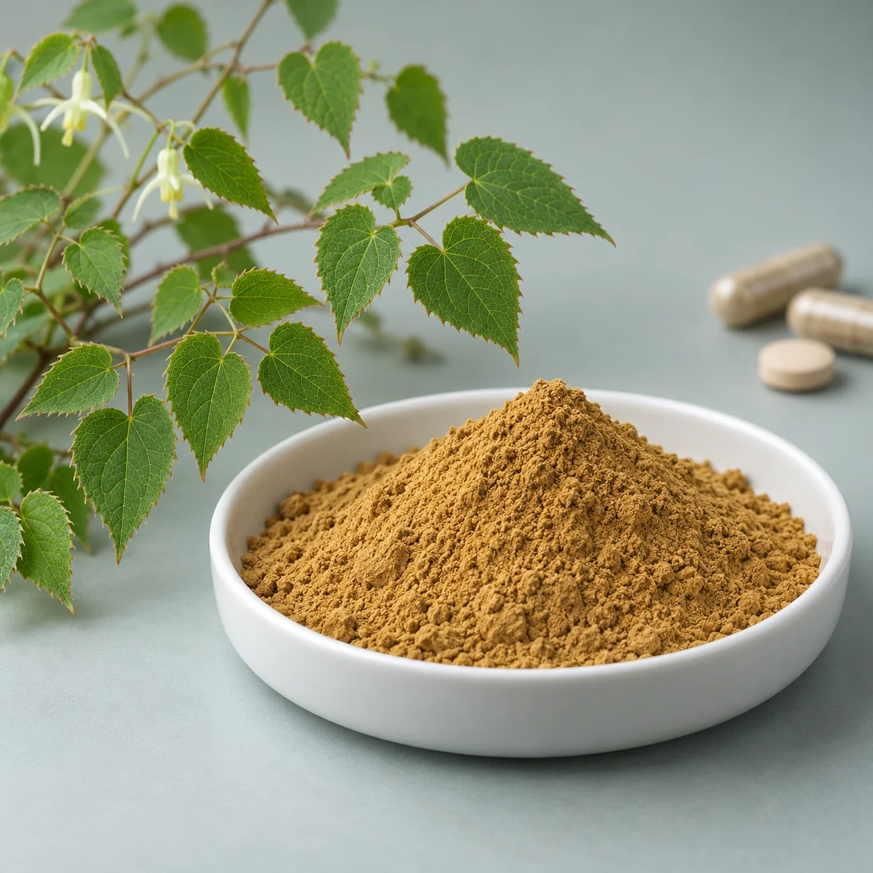 Brown-yellow Icariin powder beside compound Epimedium foliage with capsules and a tablet in the background