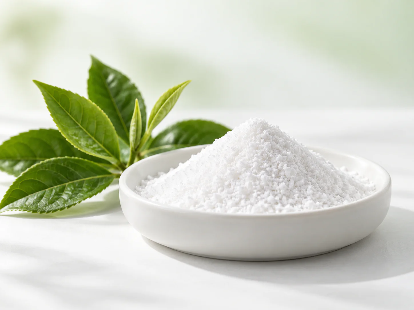 White L-Theanine powder in a ceramic dish beside green tea leaves