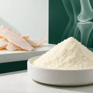 Low Molecular Weight Type II Collagen powder with chicken sternal cartilage and a knee joint illustration