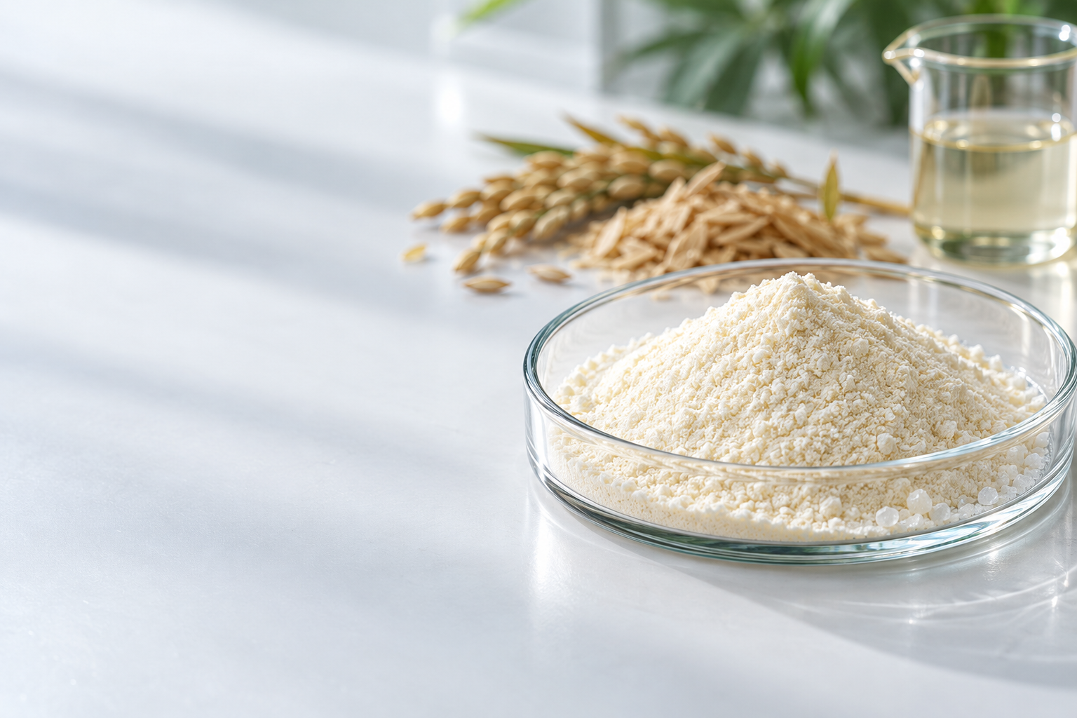 White to pale-yellow Natural Ferulic Acid powder in a glass dish with rice bran in the background