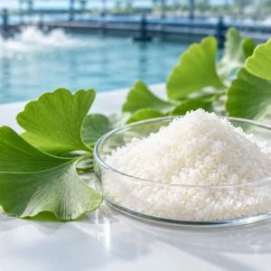 White to pale-yellow Quinic Acid crystalline powder with Ginkgo biloba leaves and shrimp-feed pellets