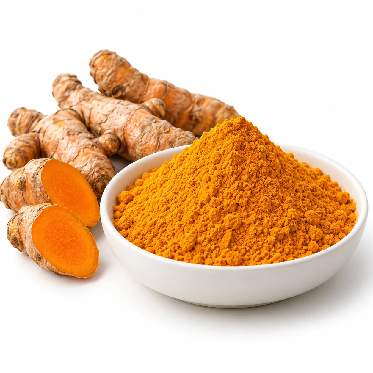 Orange-yellow turmeric extract powder in a white dish beside fresh and cut turmeric rhizomes